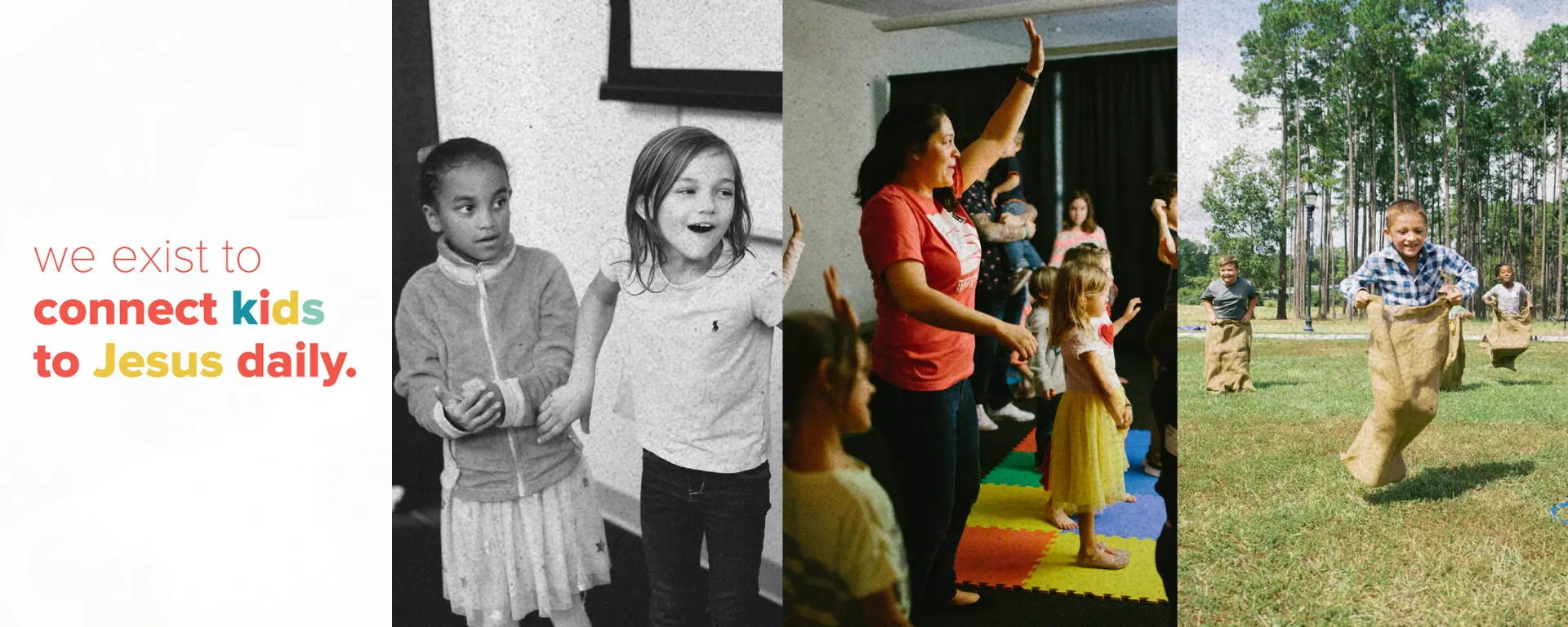Kids playing games, worshiping, and having fun together at Bridge Kids